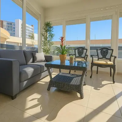 Zona de estar de Apartamento moderno junto a la playa Ideal familias