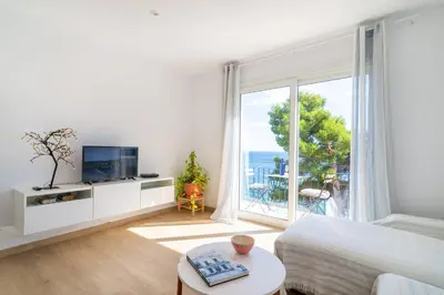 Una televisión o centro de entretenimiento en Precioso apartamento en primera línea de mar en Calella de Palafrugell