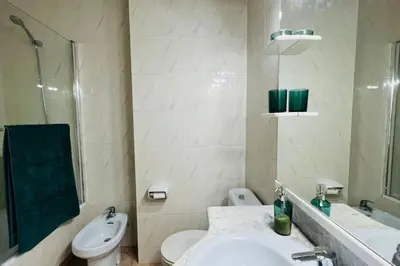 Un baño de Mediterranean house, beach and charm garden